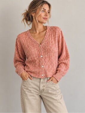 Joie Pointelle Knit Cardigan w Enameled Buttons in Coral Heather